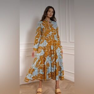 CHOKLATE-Floral Long Sleeve Dress in Blue and Brown NWT